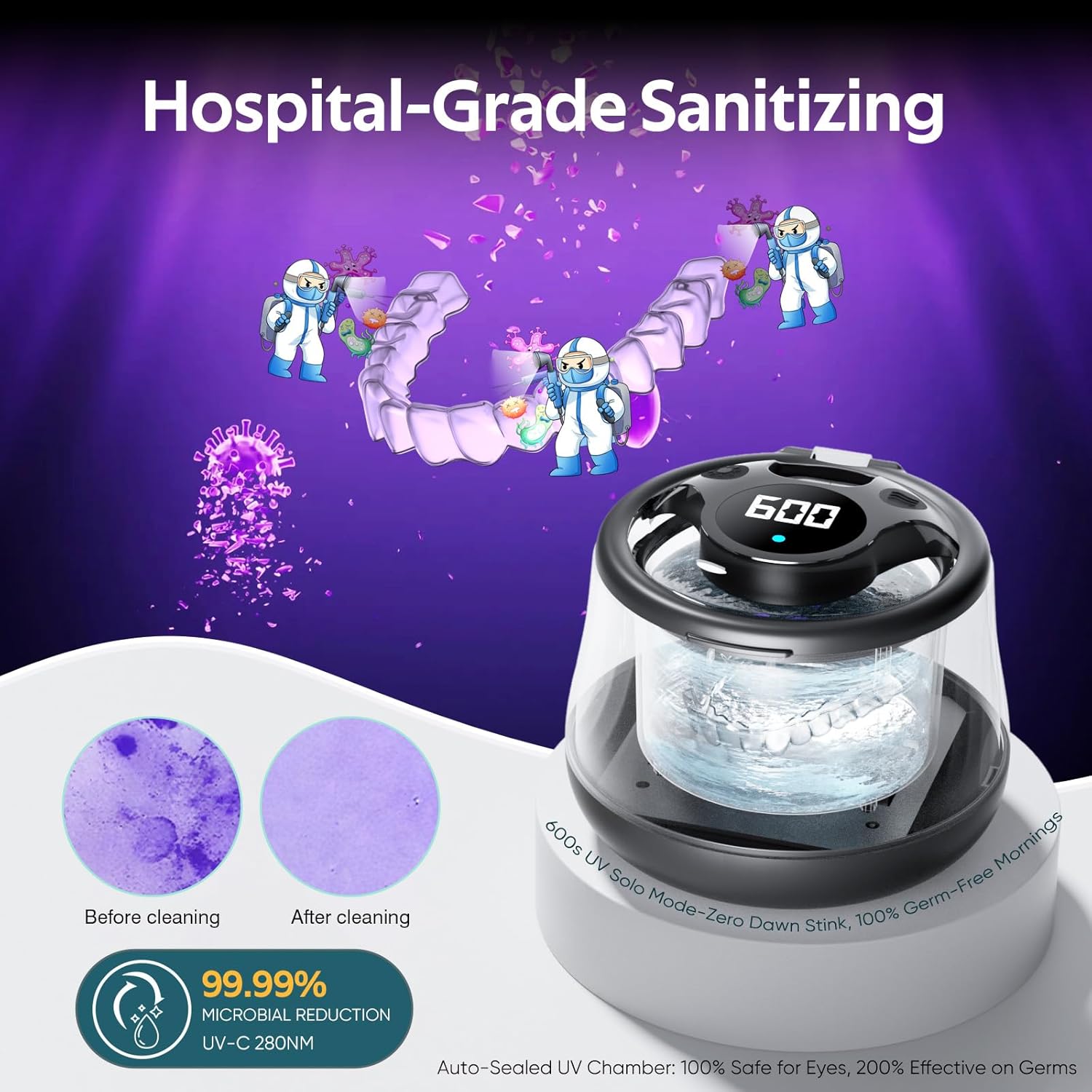 Ultrasonic Retainer Cleaner Machine- 45kHz Denture Cleaner, 200ML Dental Cleaning Pod for Aligners, Mouth Night Guards, Toothbrush Heads & Jewelry, 4 Cleaning Modes, Digital Timer, Black