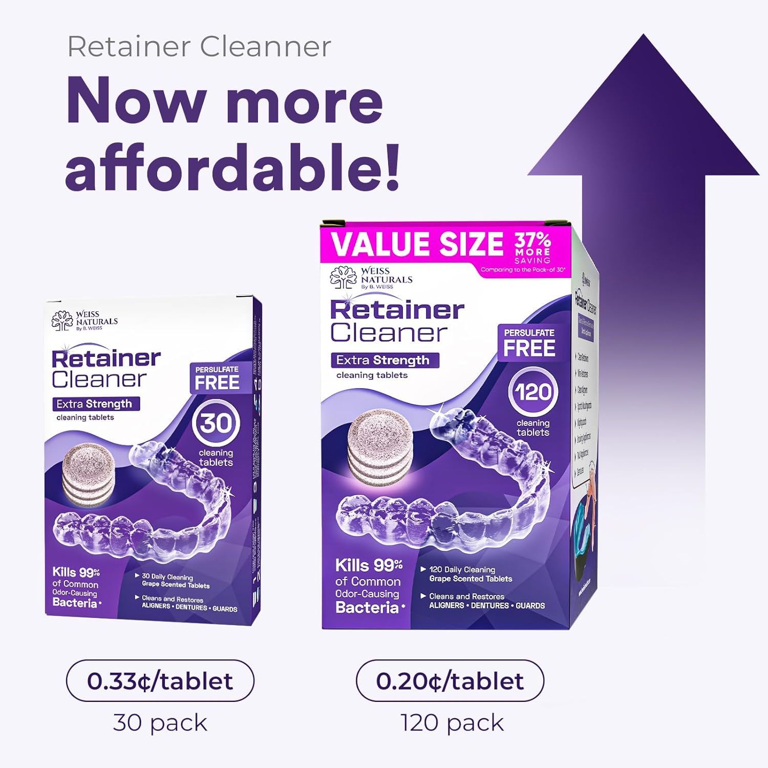 Weiss Naturals Retainer Cleaner Tablets, Invisalign Cleaner, Remove Stains, Odors & Plaque, PERSULFATE FREE Night Guard & Denture Cleaner 2-Month Supply, 60 Grape Scented Tablets