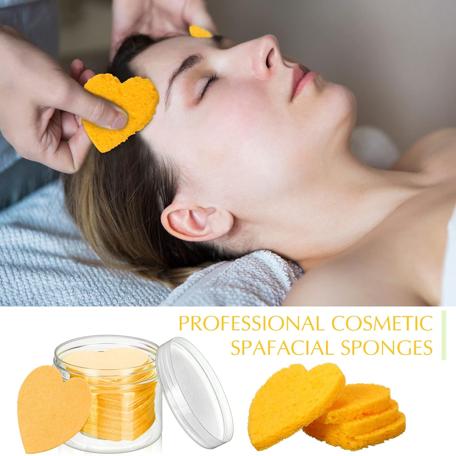 Nuenen 60 Pieces Facial Sponges with Container, Heart Shape Compressed Face Sponges Natural Cleaning Pads for Washing Face Cleaning Exfoliating Esthetician Makeup Removal(Yellow)