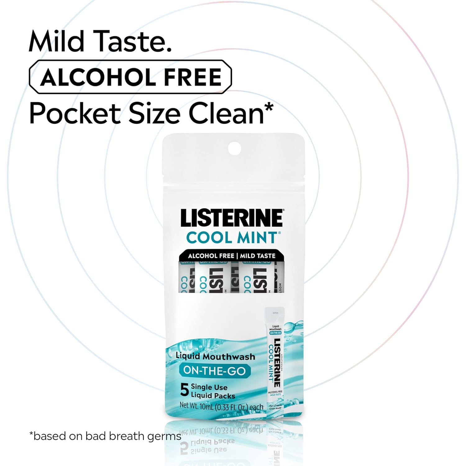 Listerine On-The-Go Cool Mint Alcohol Free Mouthwash Packets, Oral Rinse in Individual Packets Kills Bad Breath Germs, Less Intense Taste, Cool Mint Flavor, Mini Travel Size, 0.33 fl oz. Pack of 5