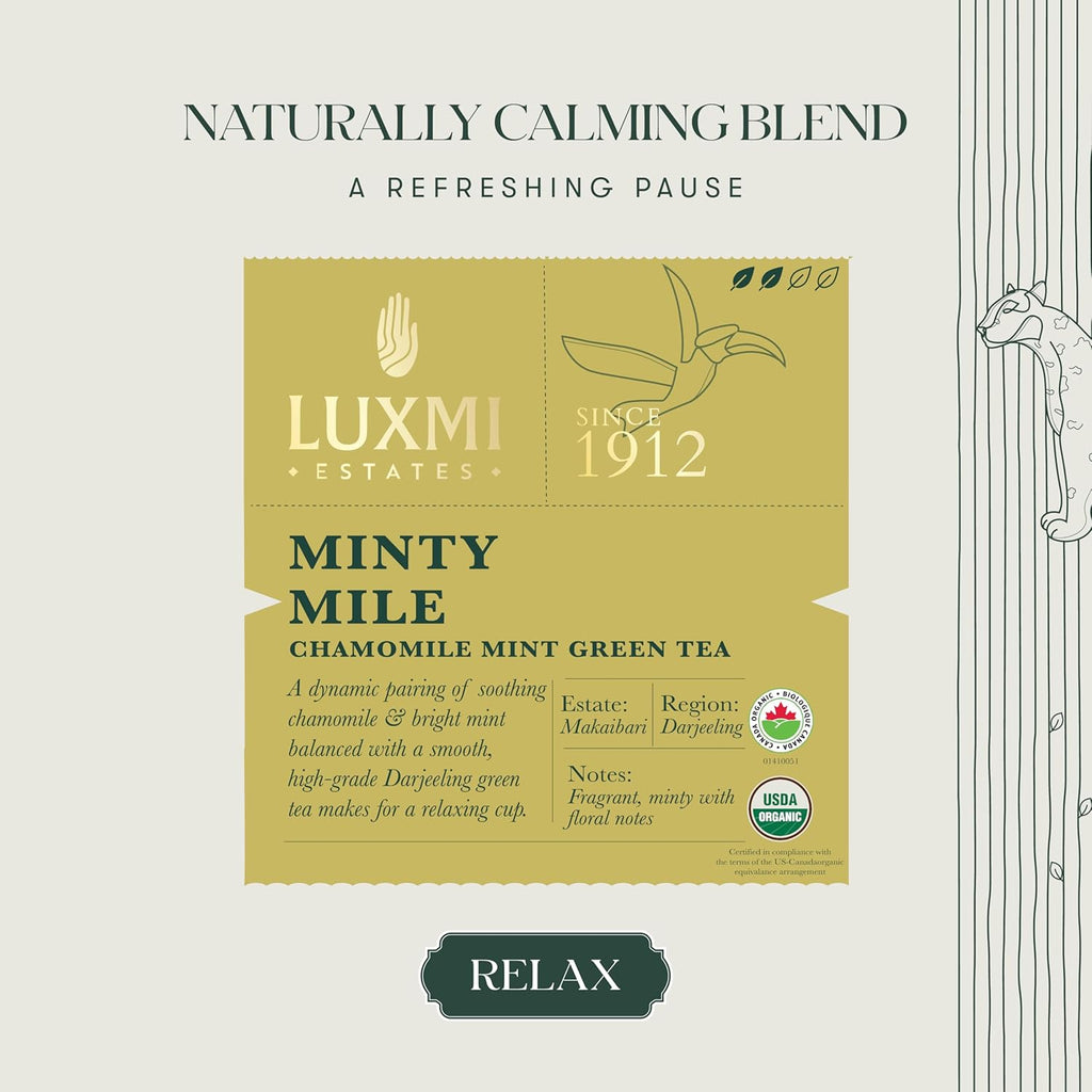 Luxmi Estates Minty Mile Organic Chamomile Mint Green Tea (50 Tea Bags) Low Caffeine Tea Bags For Relaxing, Calming, and Stress Relief, With Certified Organic Darjeeling Makaibari Green Tea