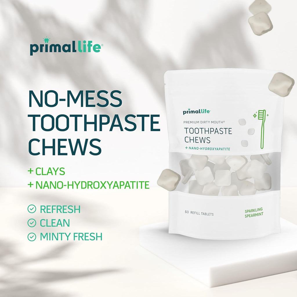 Primal Life Organics Premium Dirty Mouth Toothpaste Chews – Nano-Hydroxyapatite Whitening Toothpaste Tablets for Adults - Gluten Free, Vegan, Paleo - 60 Tablets in Bag - Sparkling Spearmint
