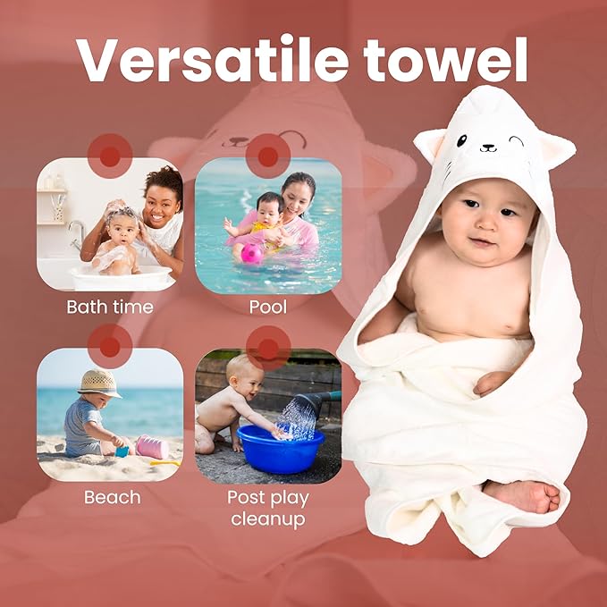 Premium Hooded Towel - 500GSM Viscose derived from Bamboo Cotton Baby Towels- Ultra Soft & Absorbent, Extra Large 35” x 35”, Hypoallergenic, Machine Washable Toddler Towel - Cat