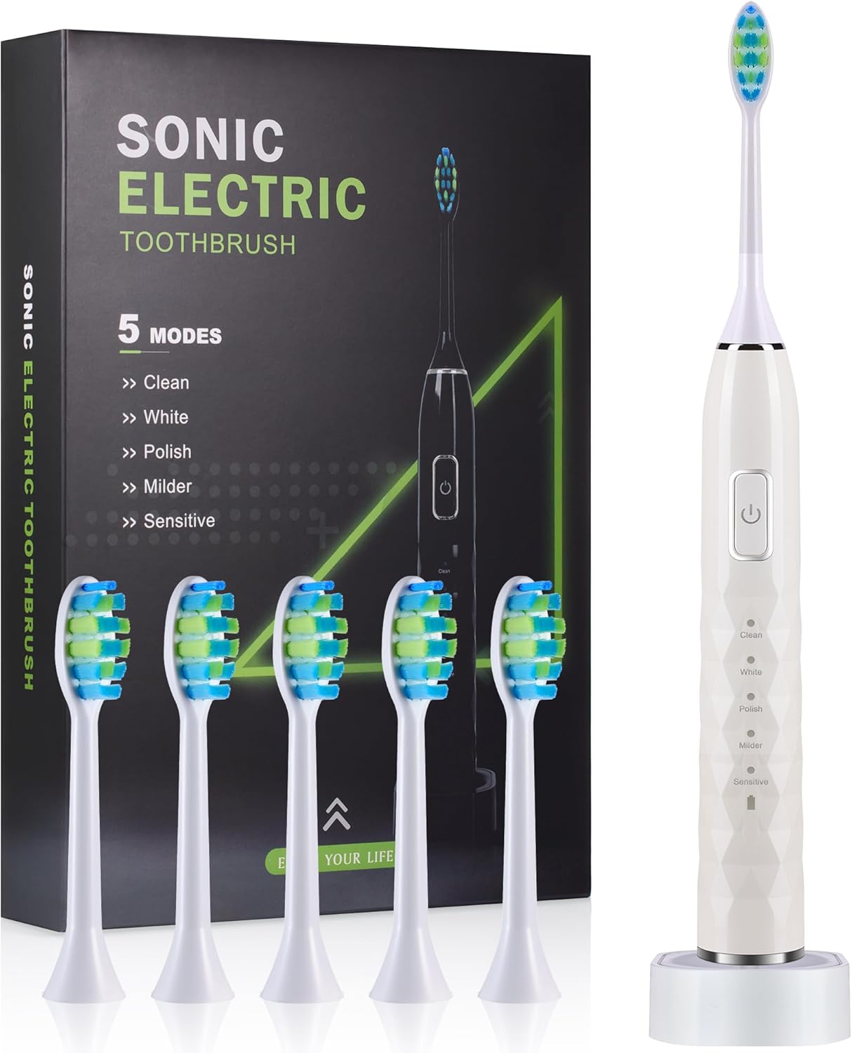 Sonic Electric Toothbrush for Adults - Deep Cleaning Teeth Whitening6 Replacement Brush Heads100-Day Battery5 Modes w/SensitiveIPX7 Waterproof (Color Options)