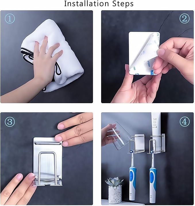 HANZE Toothbrush Holder, 304 Stainless Steel Adhesive Wall Mounted Toothbrush Holder with 3-in-1 Function: Toothpaste, Toothbrush, and Rinse Cup Organizer - Black