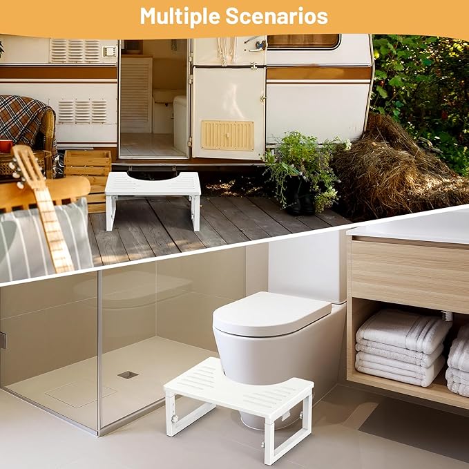 Bamboo Toilet Stool Foldable White, 7 in, 8 in Or 9 in Adjustable Height Pooping Stool Potty for Adults Kids, Sturdy Poop Step Stool for Bathroom, Non-Slip, Improve Squatting Posture, 500 lbs Capacity