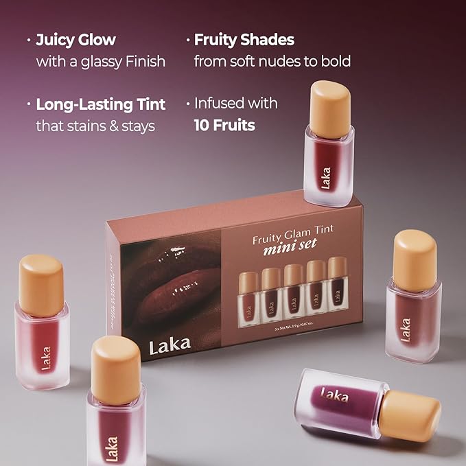 Laka Fruity Glam Tint Mini Set, 5pc Lip Tint Gift Set for Women, Hydrating & Glowy Finish, Lightweight & Transfer-proof Stain, Perfect Holiday Stocking Stuffers, K-Beauty