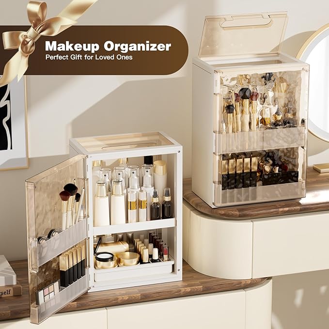 Makeup Organizer with Drawers,Skincare Organizer for Vanity,Large Cosmetic Display Case with Handle,Storage Organizers with Cover and Makeup Brush Holder for Dresser, Bathroom Countertop