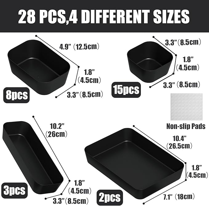 Plastic Drawer Organizers, 28 PCS Drawer Organizer Bins, Bathroom and Vanity Organizer Plastic Tray, Makeup organizer and storage for Makeup, Bedroom, Kitchen Gadgets Utensils and Office