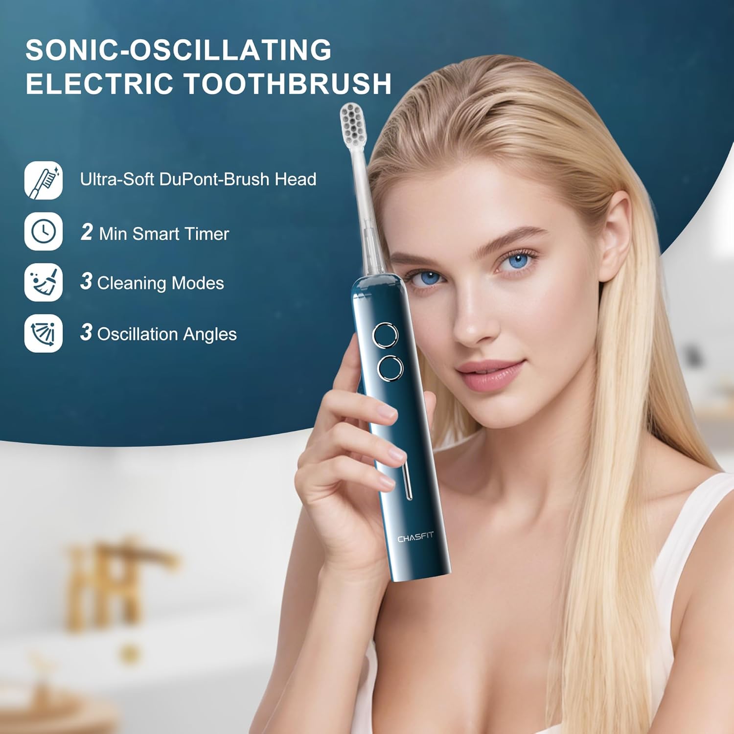 Electric Toothbrush Wave Oscillation & Vibration Sonic Tooth Brush for Adults BASS-Brushing Technique Travel Rechargeable Toothbrushes 4 Soft Bristle Replace Heads IPX7 Gifts for Men Women Bluey