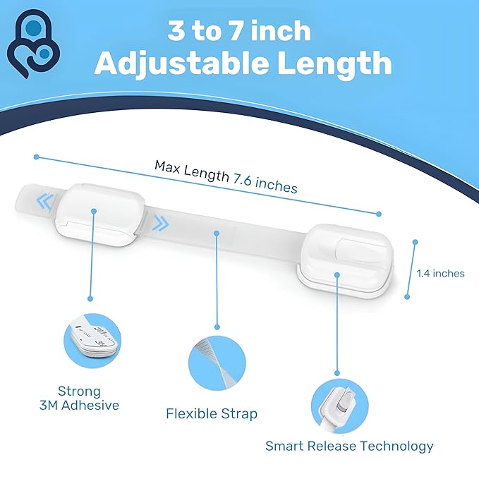 3M Adhesive Child Safety Strap Locks by Baby Proof Me, Baby Latches for Cabinets, Dishwashers, Fridges, Ovens and Trash Cans, Stain Free Toilet Lock (12 Safety Latches)