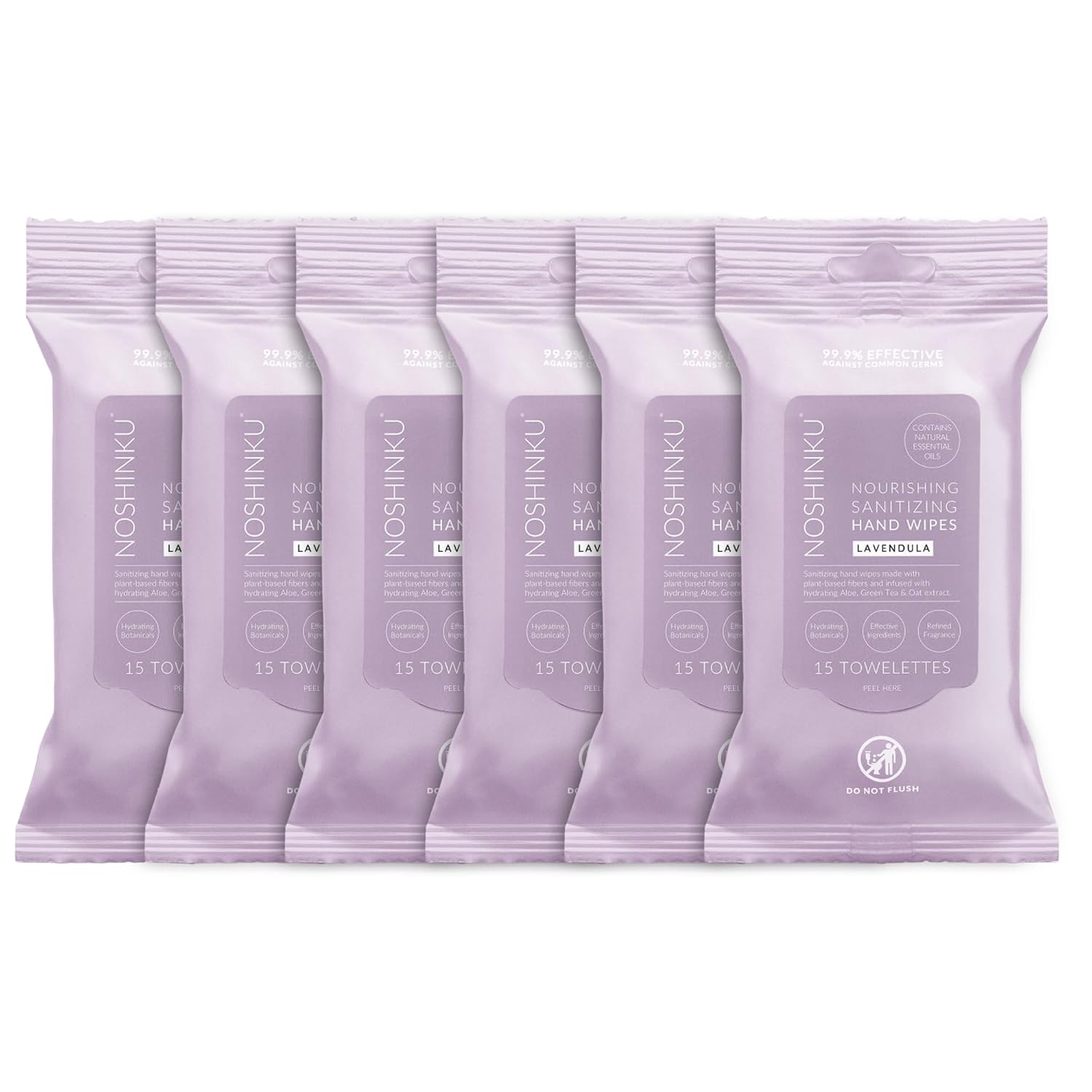 Noshinku Lavendula Hand Sanitizer Wipes, 6-Pack (90 Towelettes) – Resealable Travel Wipes with Ethyl Alcohol, Aloe & Green Tea, Plant-Based Fiber, Essential Oil Scents, Cruelty-Free & No Dyes