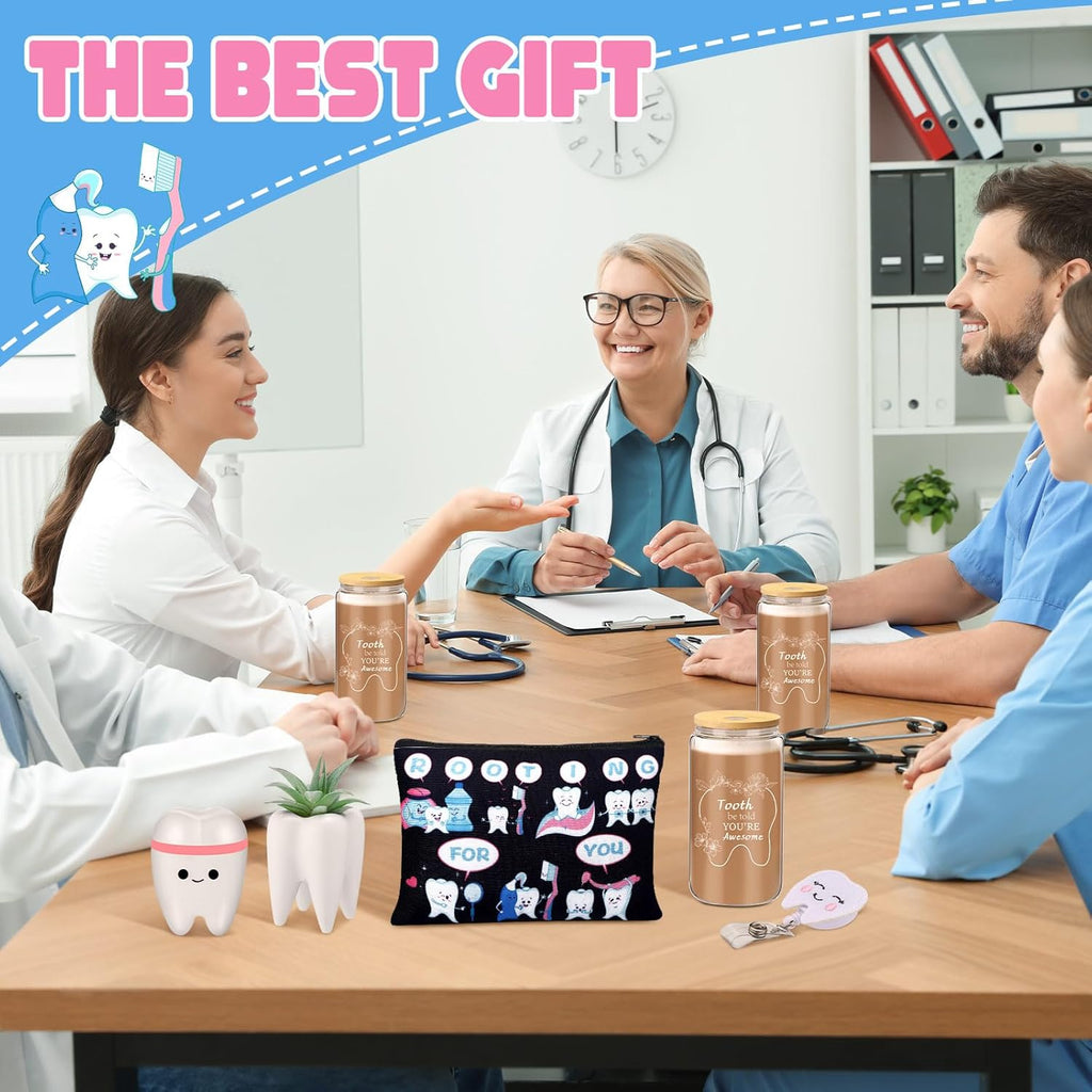 Pickmesh 6 Pcs Dental Gifts Dentist Assistant Hygienist Gifts 16 oz Glass Cups with Lid Makeup Bag Socks Badge Holder Tooth Brush Pot for Women Coworkers Doctor Nurse Christmas Accessories(Black)