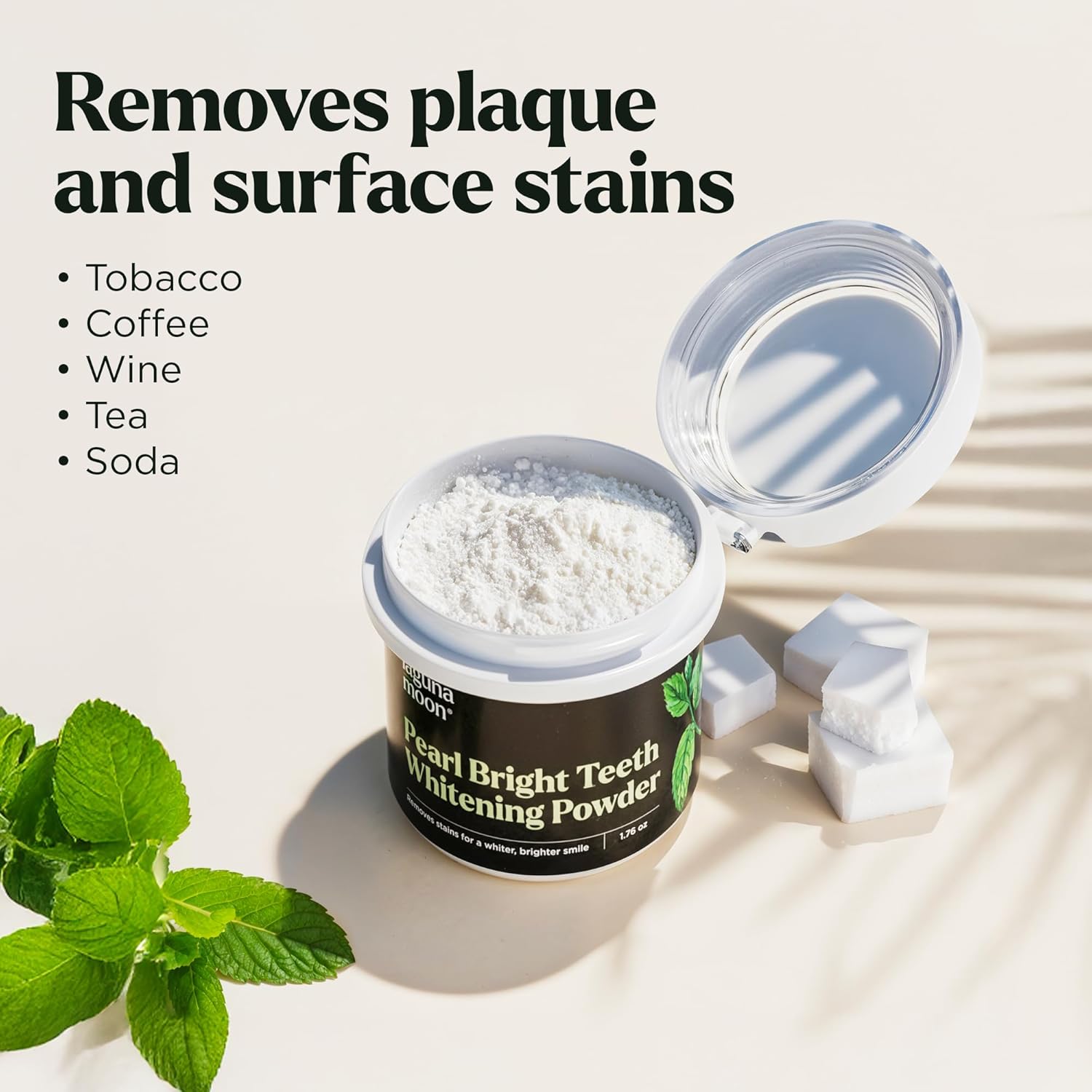 Lagunamoon Teeth Whitening Powder, 50g Bright Pearl Spearmint Flavor - Natural Teeth Whitening, Polish, Stain Remover - Alternative to Toothpaste, Tooth Powder for Sensitive Teeth