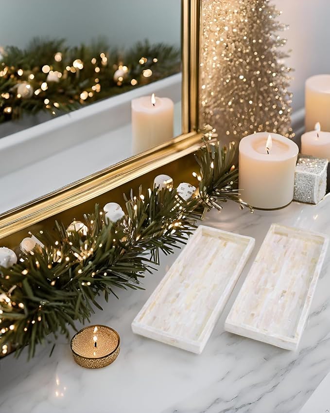 PEMAR Set of 2 Mother of Pearl Vanity Tray for Bathroom Counter, 11" Wooden Organisation Valet Tray for Perfume Makeup Bedroom Dresser Kitchen Sink Countertop Organizer, Toilet Tank (White Tiles)