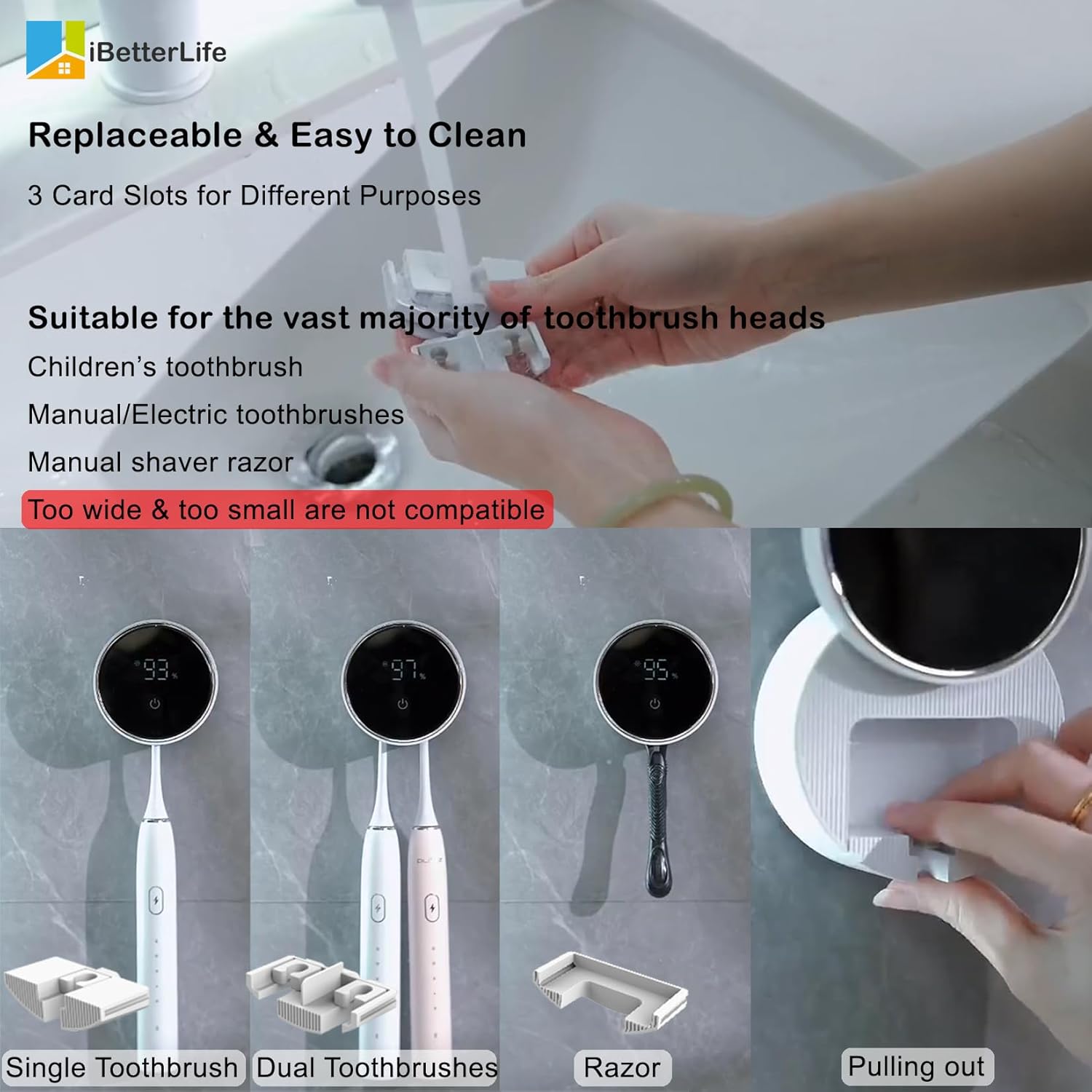 Toothbrush Holders Cleaner & Dryer for Bathroom - Mirror Wall Mounted [Rechargeable, Auto Sensor Open/Close Lid, LED Smart Screen] Adhesive Electric Tooth Brush Razor Holder with Cover for Home Travel