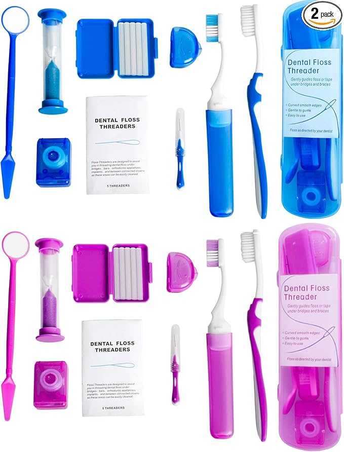 Wenge Portable Orthodontic Oral Care Kit - 2Pack - Travel Kit for Patients, Interdental Brushing Wax Floss Toothbrush Cleaning(Purple & Blue)