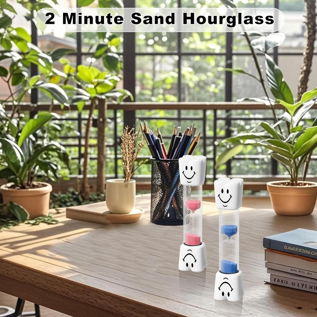 2 Minute Sand Timer for Kids, Small Blue Smiley Acrylic Hourglass Sand Clock Set, Plastic Glass Mini Sandglass for Toothbrush Classroom Games Kitchen (Pack of 2)