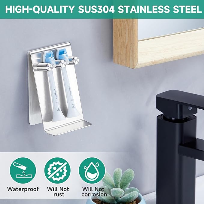 Electric Toothbrush Head Holder Adhesive or Tabletop, Tooth Brush Holder for Bathroom, Electric Toothbrush Holders Wall Mounted, Stainless Steel Tooth Brushing Holder, Brushed Brush Head Holder