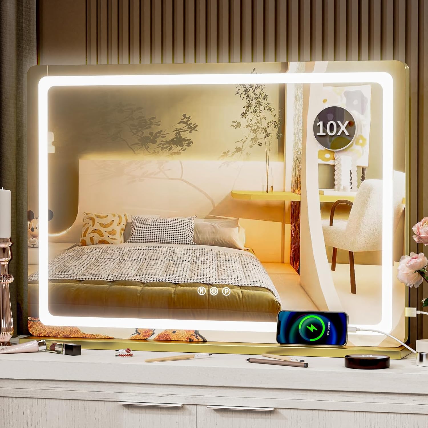 Vanity Mirror with Lights, 28" x 22" LED Makeup Mirror, Lighted Makeup Mirror with 10X Magnification,Dimmable 3 Modes, Touch Screen Control Vanity Mirror Round Gold
