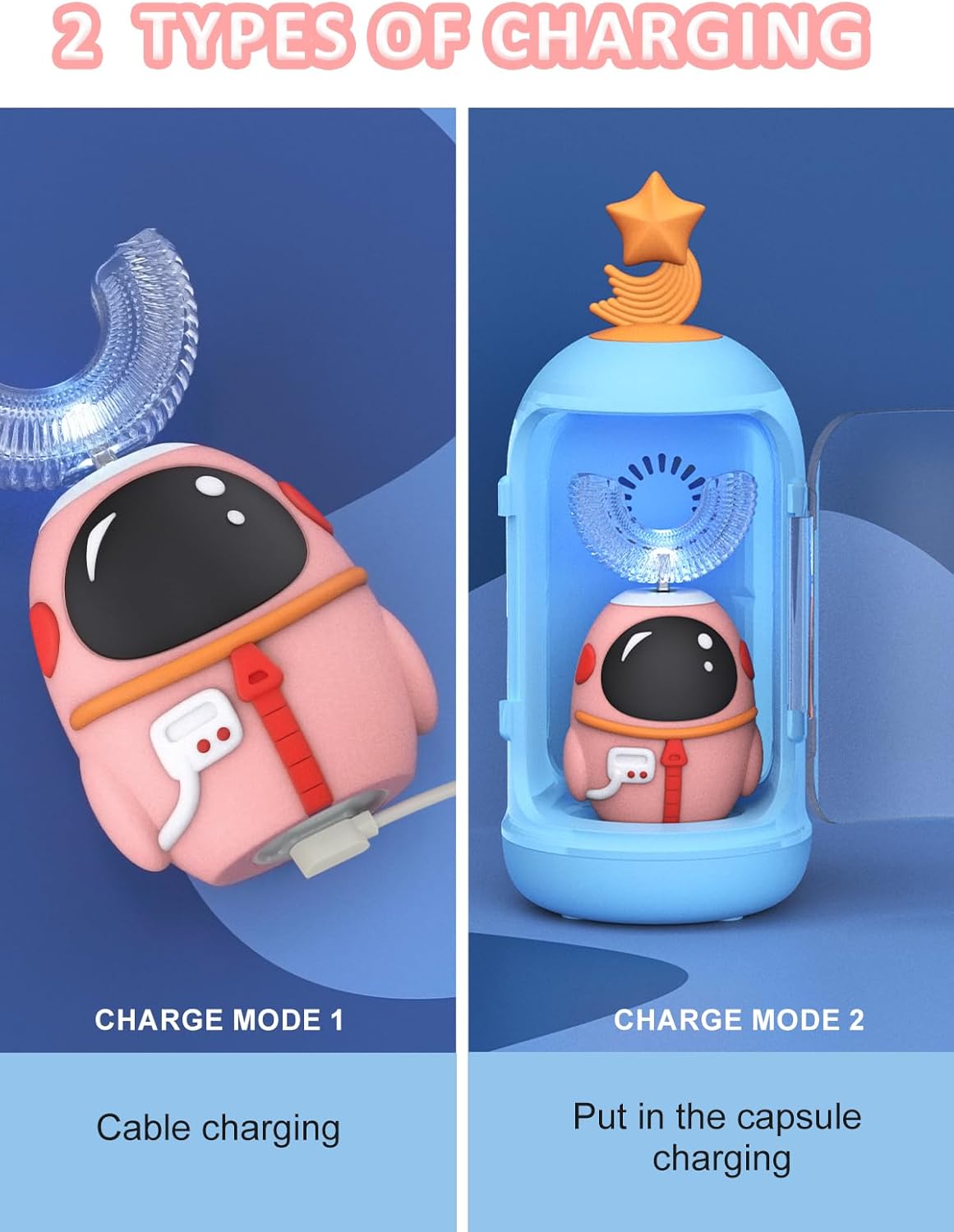 FTOYIN Kids Electric Toothbrush with 3 Brush Heads, U Shaped Ultrasonic Toothbrush Kids with 5 Modes, 45s Smart Reminder, 360-Degree Automatic Cleaning, IPX7 Waterproof Design