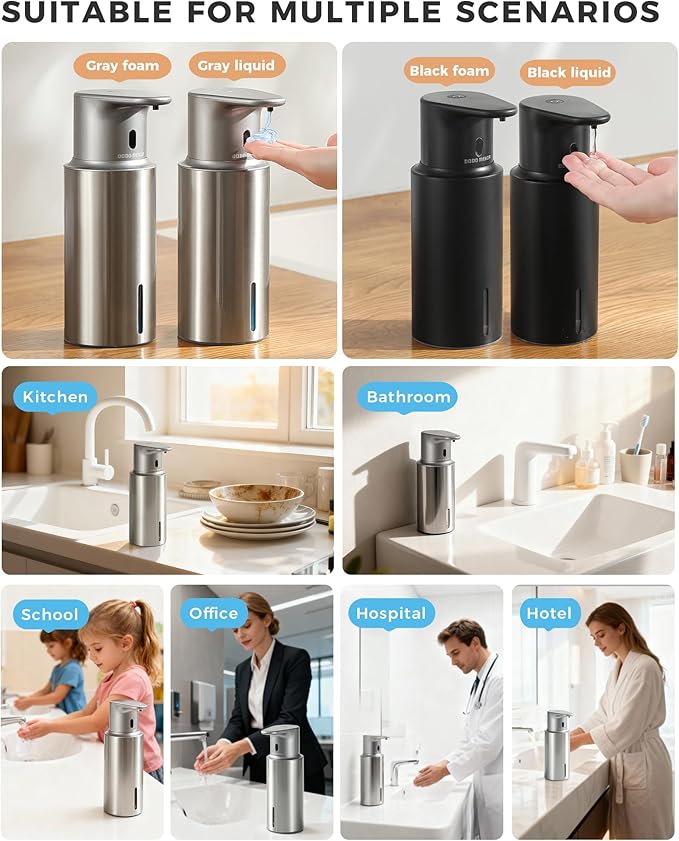 Automatic Liquid Soap Dispenser Touchless, 16.2oz/480ml Rechargeable, 3 Adjustable Liquid Levels, IPX7 Waterproof, for Kitchen Bathroom, Stainless Steel