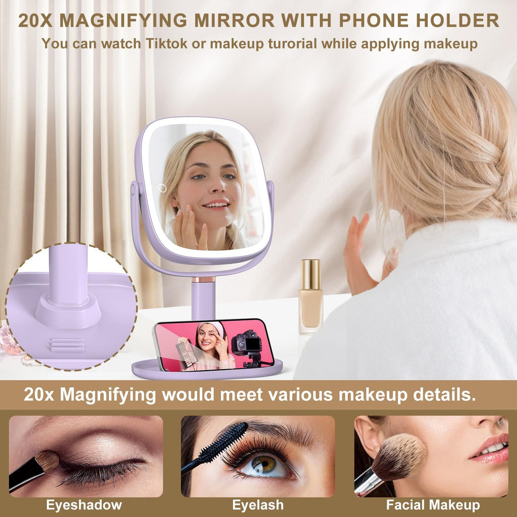 Mocado Makeup Mirror with Lights, 1X/20X Magnifying Mirror with Light, Vanity Mirror with 3 Colors Lights, Height Adjustable Lighted Makeup Mirror, Double Sided 360°Rotation, Memory Function (Purple)