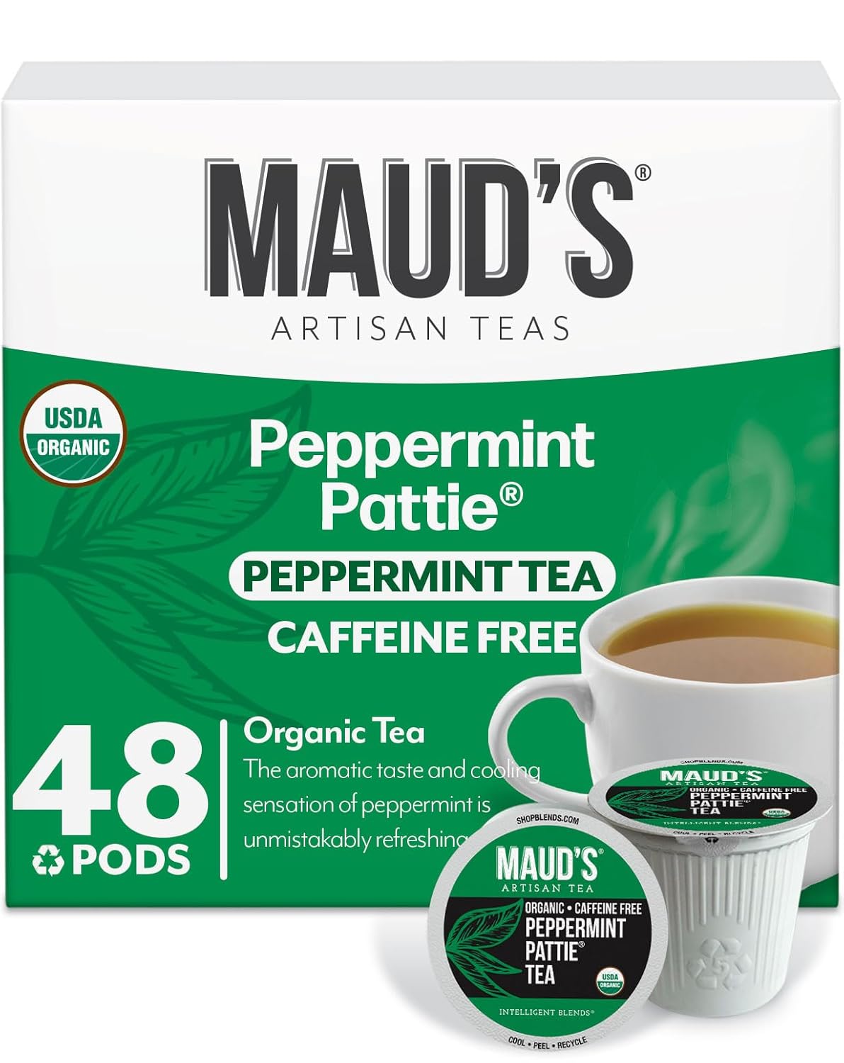 Maud's Organic Peppermint Tea Pods, 48 ct, Recyclable Single Serve Pods – 100% Gourmet Blended Tea Leaves, Compatible with Keurig K Cups Maker