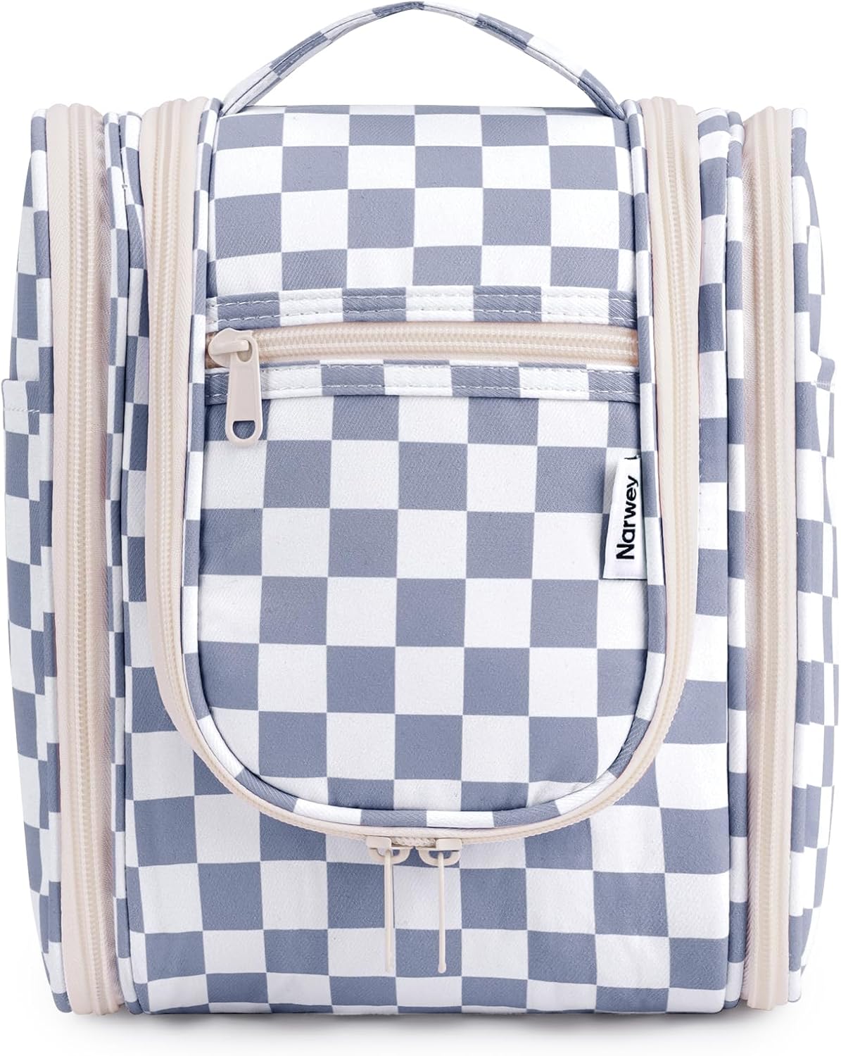 Narwey Small Checkered Hanging Travel Toiletry Bag for Women, Travel Bag for Toiletries, Makeup Bag Organizer Cosmetic Bags Make Up Bags for Women (Grayish Blue Checkerboard)