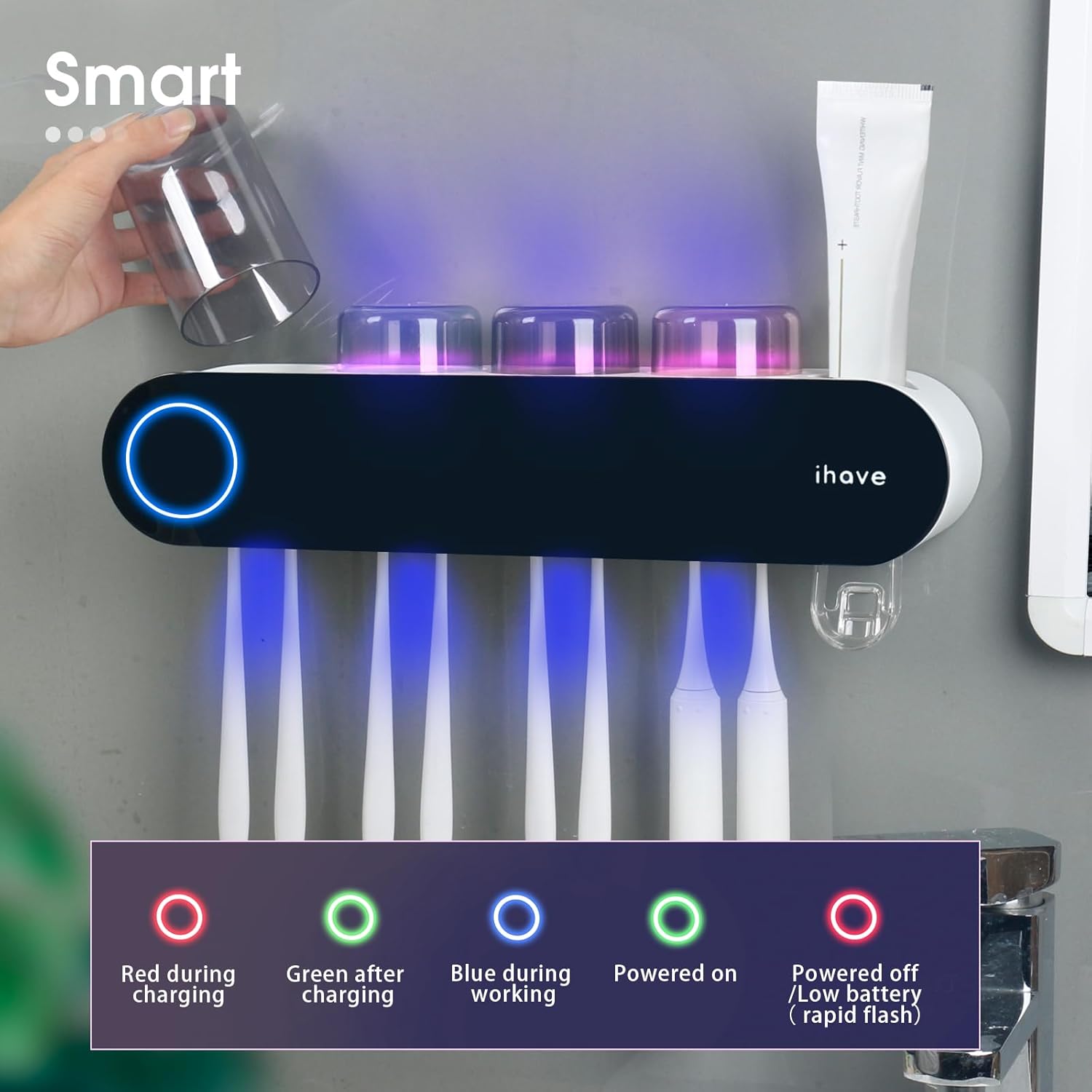 iHave Toothbrush Holders for Bathrooms, UV Toothbrush Sanitizer and Holder Smart Home Bathroom Accessories, 4 Cups Electric Toothbrush Holder Wall Mounted with Toothpaste Dispenser Bathroom Decor