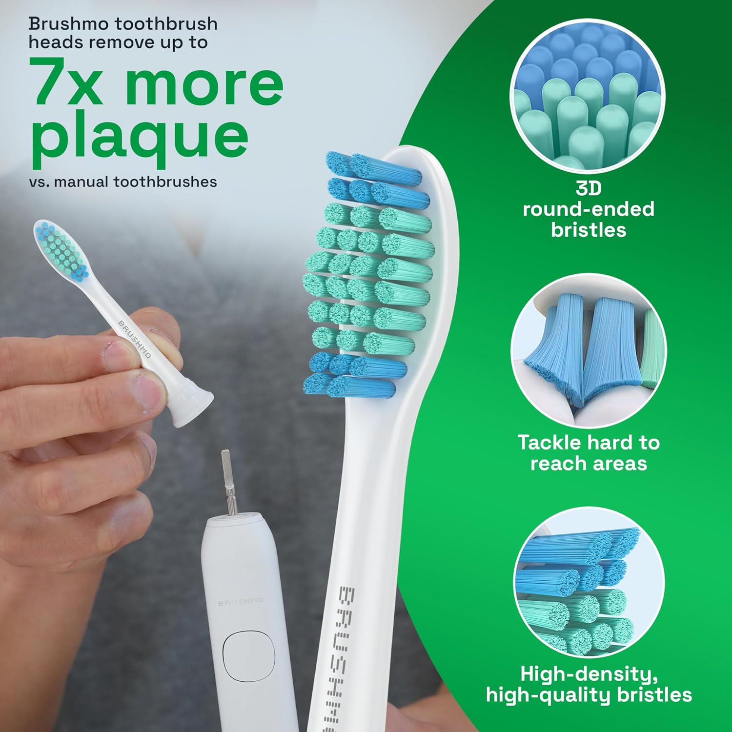 Brushmo Total Clean Replacement Toothbrush Heads, Compatible with Philips Sonicare Click-on Electric Toothbrush Handles, 8 Standard Replacement Heads, Soft Dupont Bristles, BM618, White