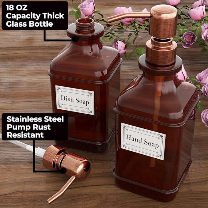 GLADPURE Soap Dispenser 2 Pack, Hand Soap Dispensers with 18 Oz Antique Design Thick Amber Glass Bottle, 316 Rust Proof Stainless Steel Pump, 6Pcs Stickers, for Lotion, Soap - Brushed Copper