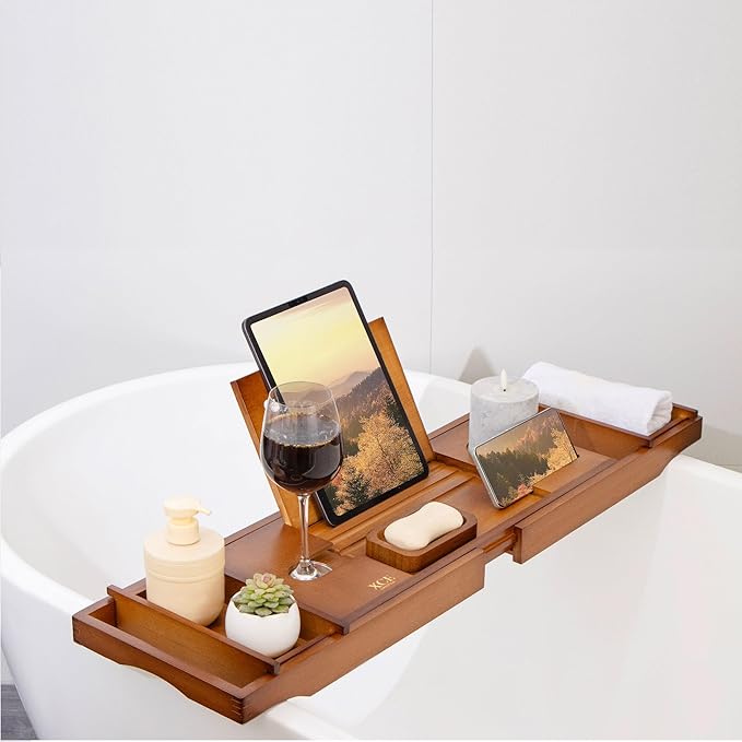 XcE Bamboo Bathtub Caddy Tray - Expandable to 41 Inches with Book Stand, Soap Holder & Anti-Slip Pads for Luxury Bath Spa, Brown