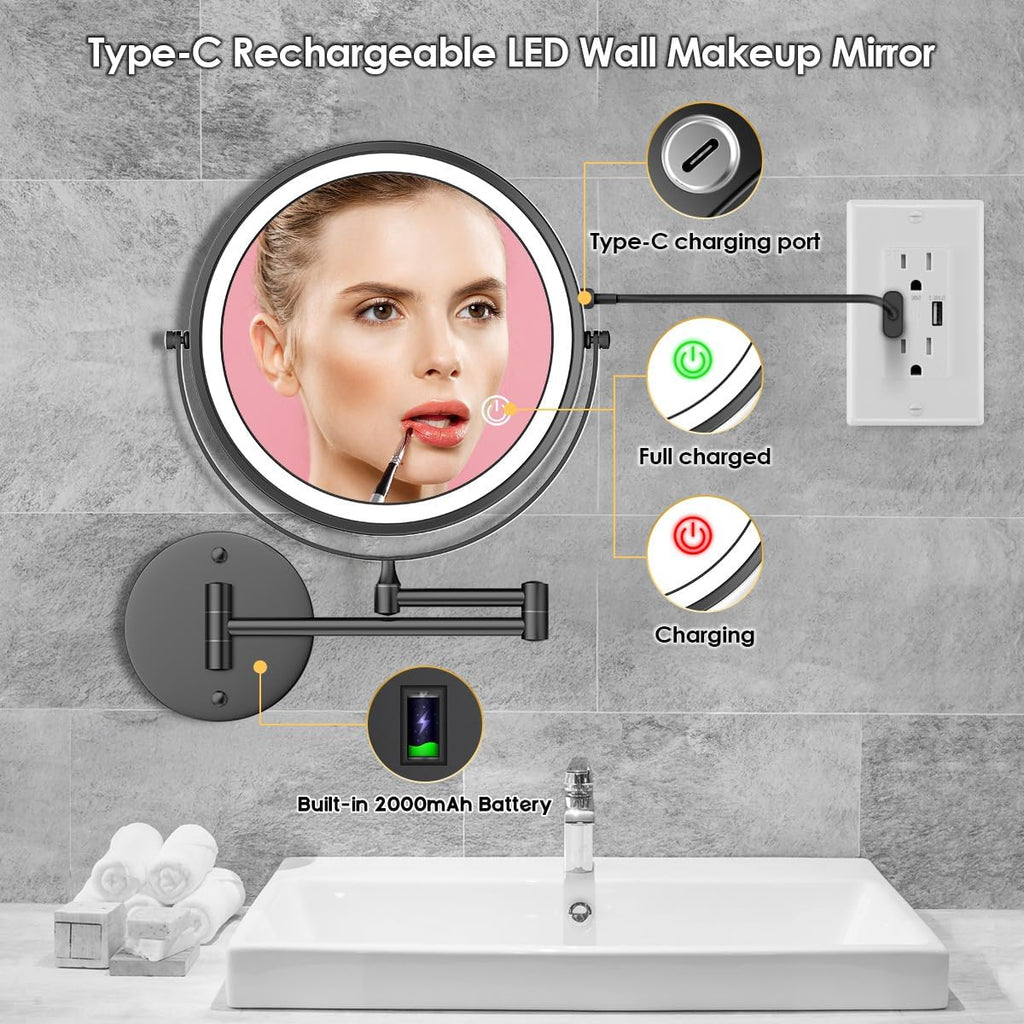 Rocollos 9" Wall Mounted Lighted Makeup Mirror, Large Double Sided 1X/10X Magnifying Mirror, 3 Color LED Vanity Mirror, Touch Dimmable 360° Swivel Light Up for Bathroom
