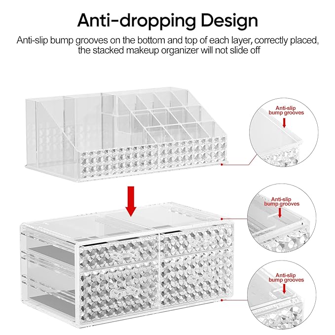 2 Pack Makeup Organizer with Drawers[Upgraded]-Acrylic Make up Organizers and Storage Case for Cosmetics,Brush,Perfume,Jewelry Display, Vanity and Bathroom Accessories