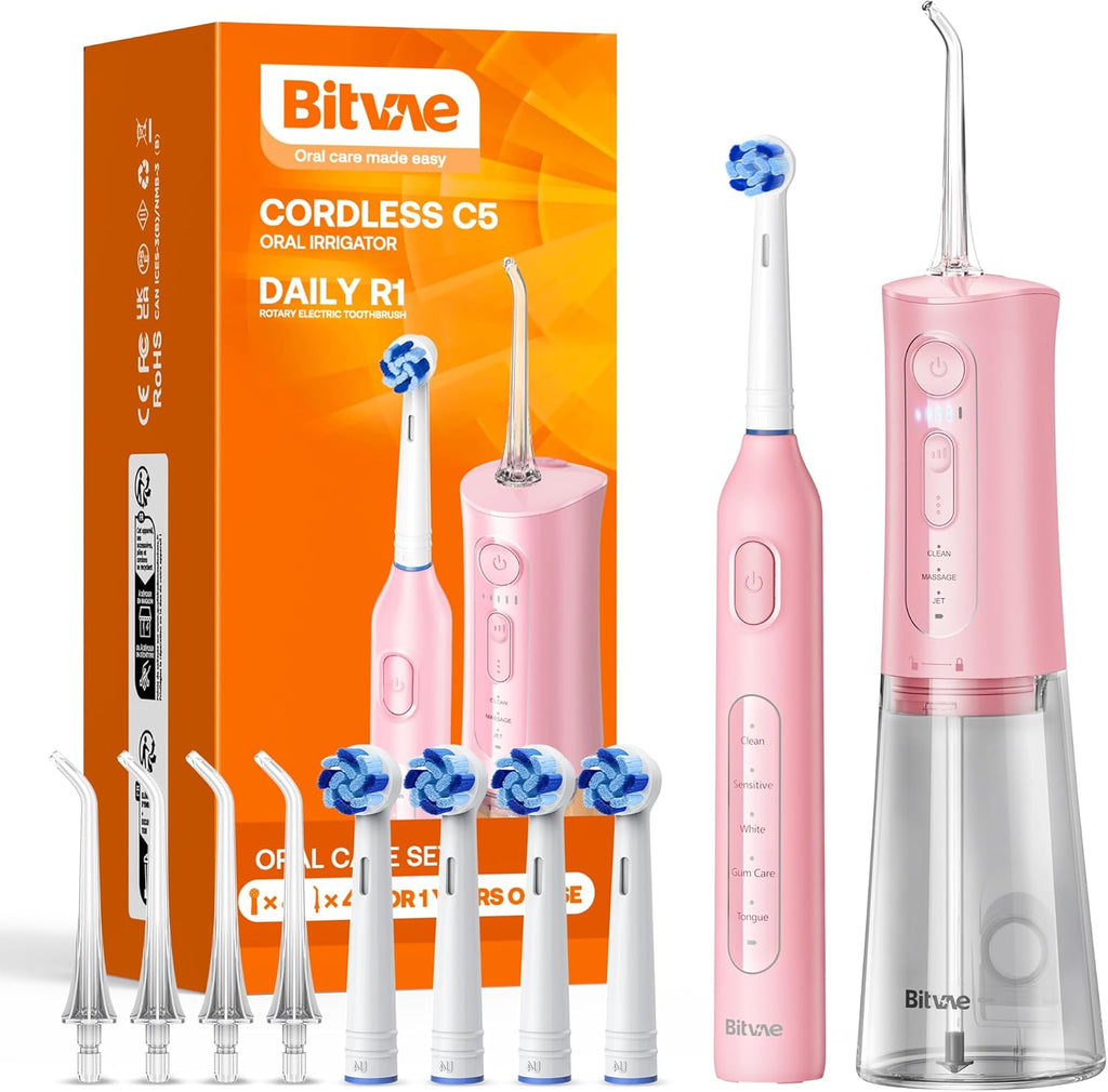 Bitvae Water Dental Flosser Teeth Picks, Cordless Water Flosser for Teeth, Braces, Dental Care and Rechargeable Rotary Electric Toothbrush Combo Set, 4 Tips, 4 Brush Heads, Waterproof, Pink, C5+R1