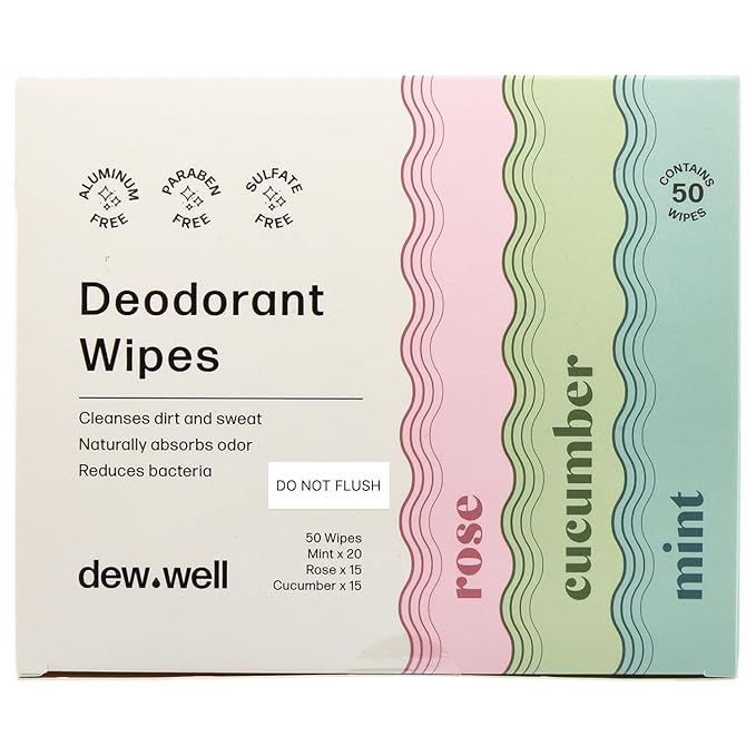Dew Well Deodorant Wipes - On-the-Go Travel Deodorant - Fresh Mint, Rose & Cucumber Scents Body Wipes for Women - Aluminum, Paraben & Sulfate Free Mini Toiletries - 50 Count, Mint/Rose/Cucumber
