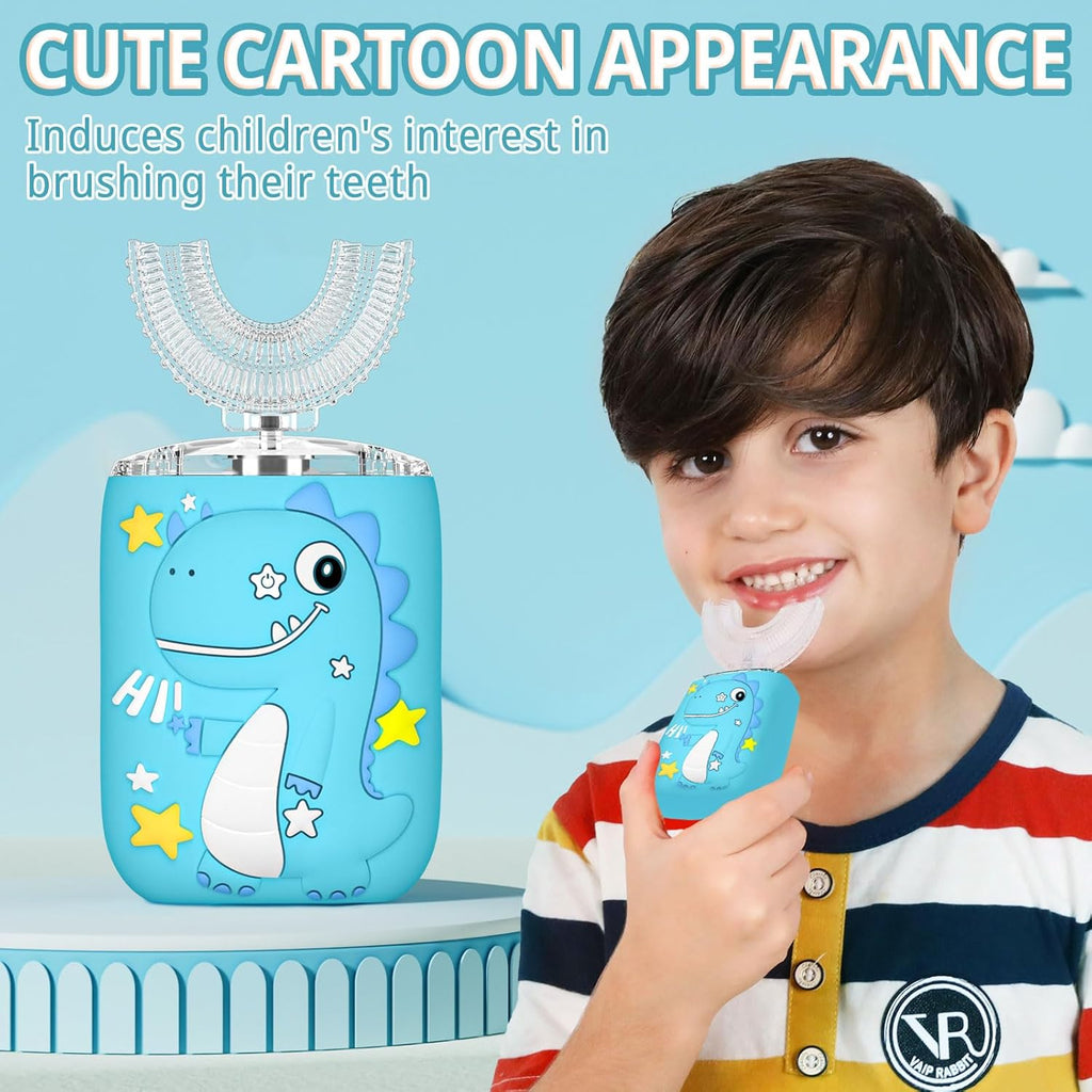 Kids Electric U Shaped Toothbrush,Kids Dinosaur Sonic Full Mouth Toothbrush with 4 Soft Brush Head Automatic 6 Cleaning Modes IPX7 Waterproof 360 Degree Cleaning - Age8-15 Blue