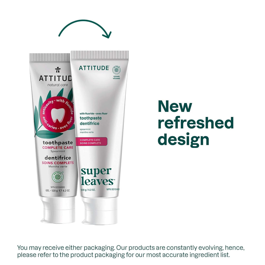 ATTITUDE Complete Care Toothpaste with Fluoride, Spearmint Flavor, Vegan & Cruelty-Free, Sugar-Free, Plant & Mineral-Based Ingredients, Clean Oral Care, 4.2 Oz