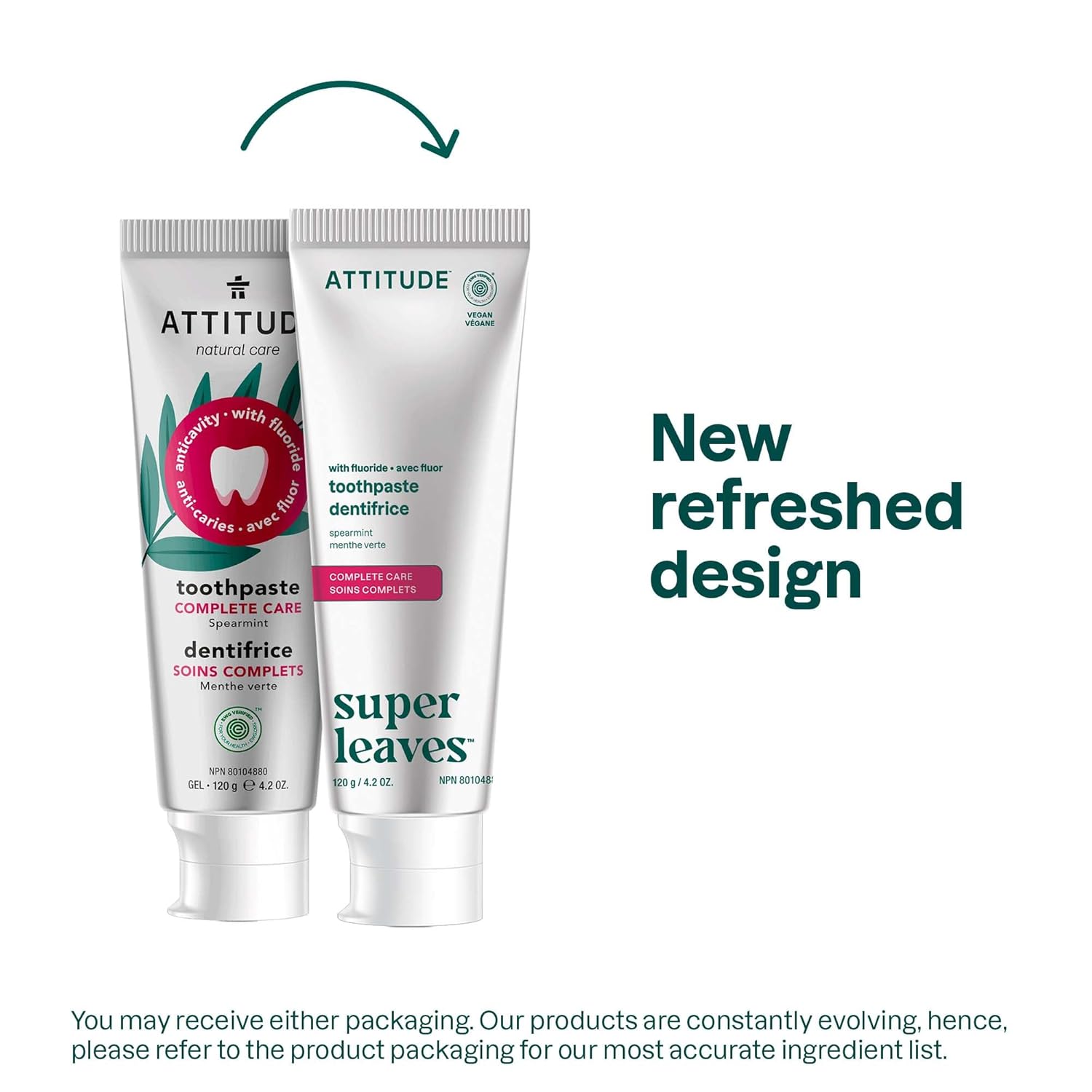ATTITUDE Complete Care Toothpaste with Fluoride, Spearmint Flavor, Vegan & Cruelty-Free, Sugar-Free, Plant & Mineral-Based Ingredients, Clean Oral Care, 4.2 Oz