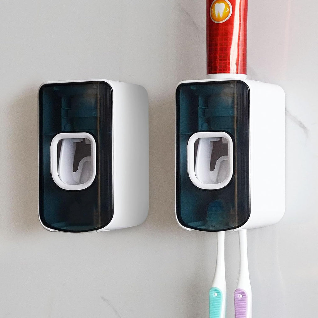 2 Slot Toothbrush Holder and Toothpaste Dispenser Wall Mounted, Automatic Toothpaste Squeezer, 2 in 1 Tooth Brush Toothpaste Organizer for Shower (Blue 2Pack)