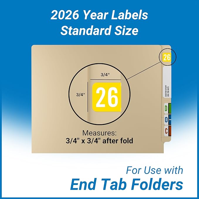 2026 Year Stickers, Doctor Stuff 2026 Chart Stickers, Yellow Color Coded, STS/SFI Style, USA Made Year Labels for End Tab File Folders, 500/Roll, 1 Roll, 3/4" x 1-1/2"