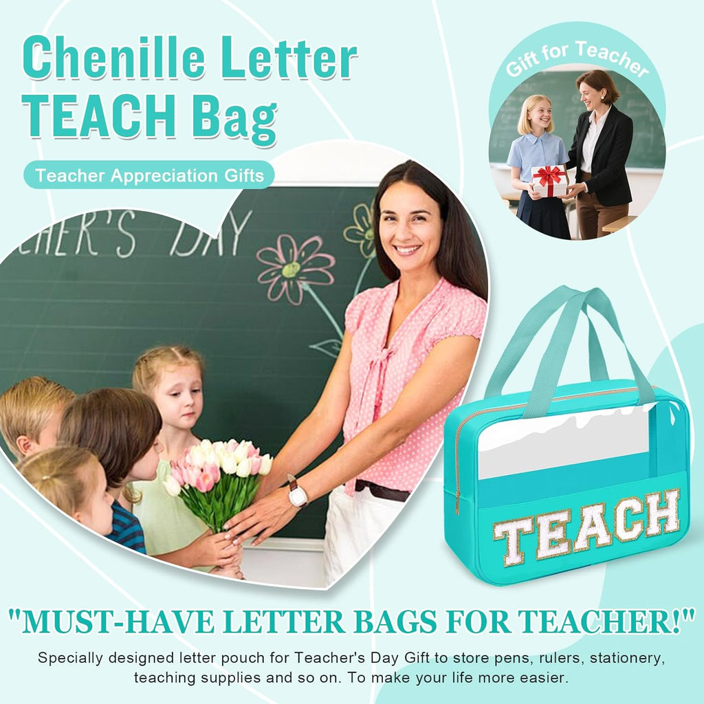Teacher Appreciation Gifts Chenille Letter Clear Makeup Bag TEACH Pouch, Preppy Waterpoof Makeup Cosmetic Bag with Zipper Graduation Retirement Birthday Teacher Essentials Gifts for Women(TEACH-Green)