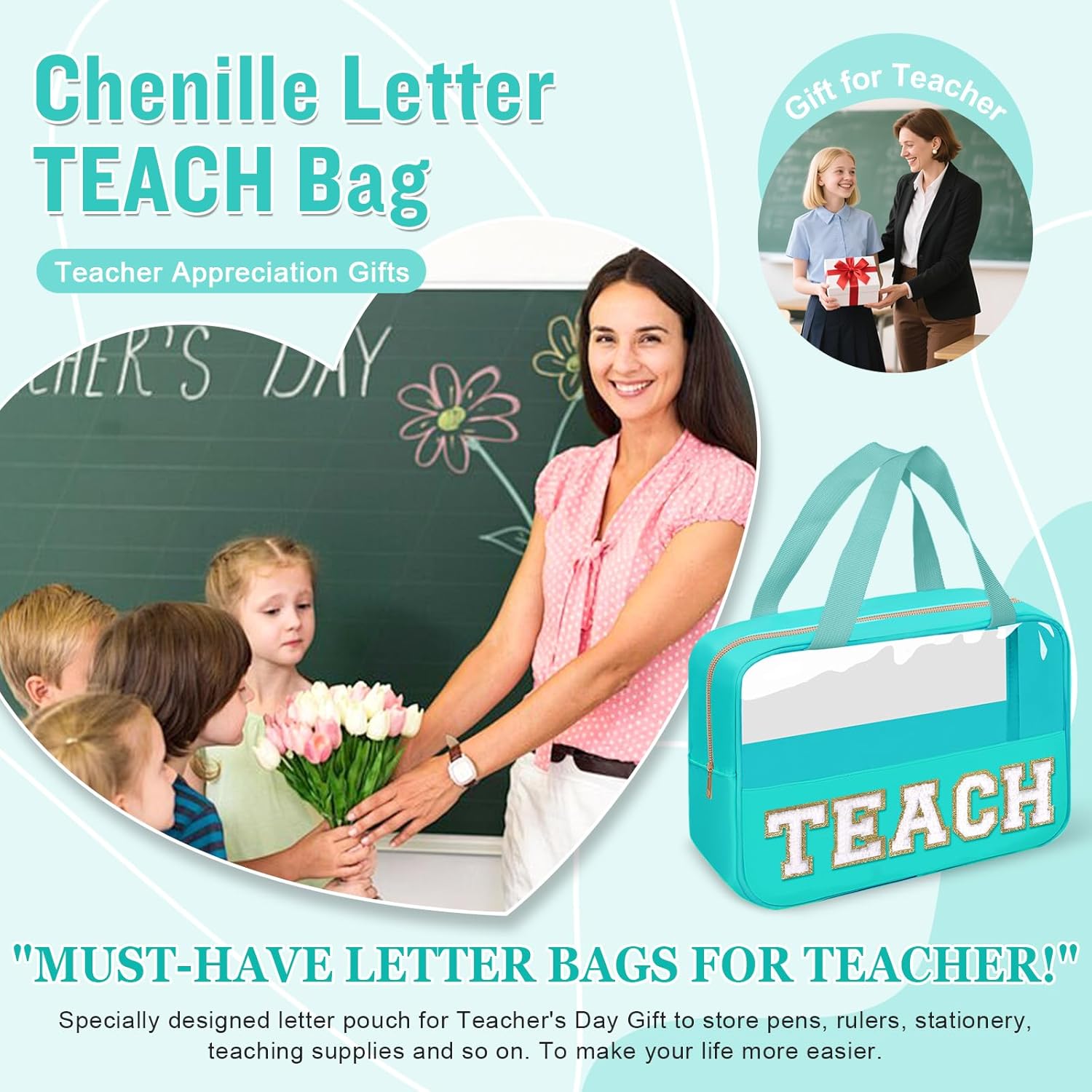 Teacher Appreciation Gifts Chenille Letter Clear Makeup Bag TEACH Pouch, Preppy Waterpoof Makeup Cosmetic Bag with Zipper Graduation Retirement Birthday Teacher Essentials Gifts for Women(TEACH-Green)