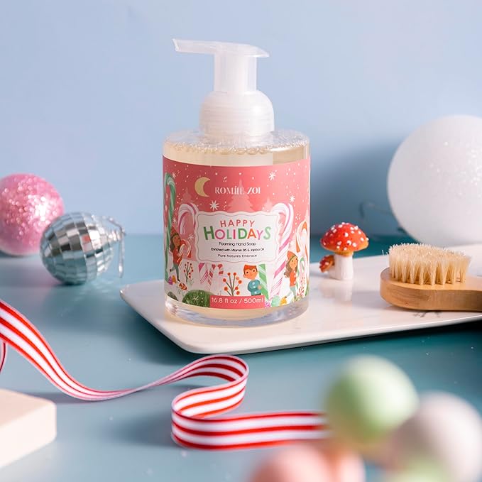 ROMIIE ZOI Christmas Foaming Hand Soap with Gift Box- Happy Holidays, Infused with Peppermint - 500ml/ 16.8oz