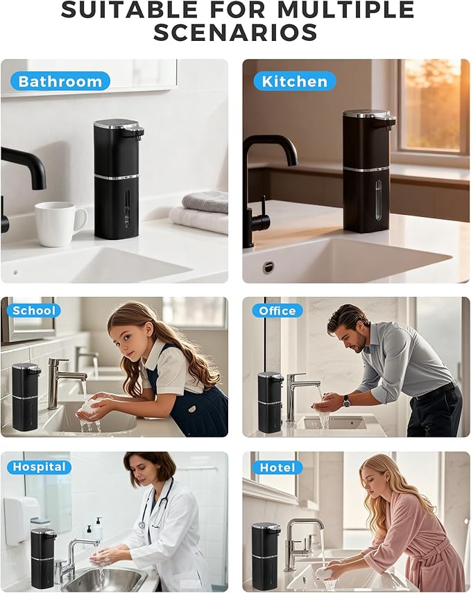 2 Pack Automatic Foaming Soap Dispenser, 12.8oz Rechargeable, Adjustable Foam Levels, IPX5 Waterproof, Touchless & Wall/Tabletop Use for Kitchen Bathroom, Black