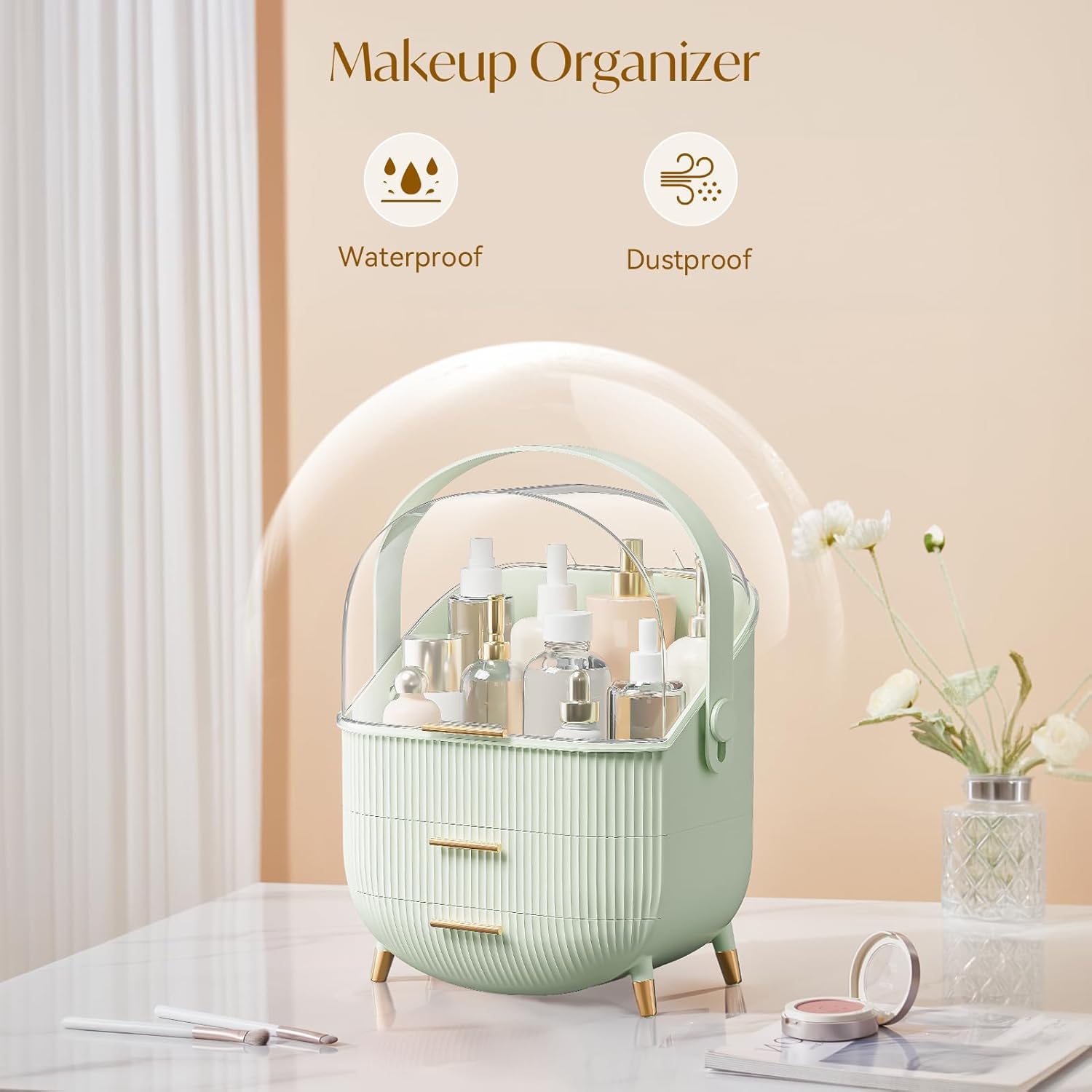 Makeup Organizers, Make Up Organizer for Vanity, Countertop Cosmetic Storage with Drawers and Transparent Cover for Bedroom Bathroom, Light Green