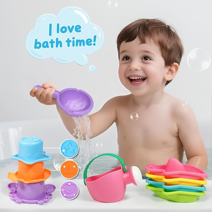 10PCS Baby Bath Toys for Kids Ages 1-3 – Easy-to-Clean Bathtub & Pool Water Toys for Toddlers 1-3 and Babies 12-18 Months, with Floating Boats, Stacking Cups and Pouring Fun