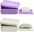 2PC Portable Leakproof Travel Soap Case, Silicone Travel Soap Case, Compact Soap Holder with Drainage Layer, Travel Soap Holder for Camping, Gym, Outdoor (Light-Purple&Rice-White)