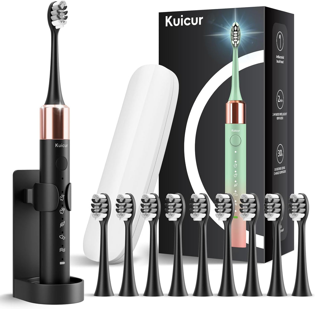 Sonic Electric Toothbrush for Adults and Kids, Comes with 10 Brush Heads & Travel Case, 5 Modes with 2 Minutes Built in Smart Timer, One Charge for 90 Days, 42,000 VPM Motor (Black)